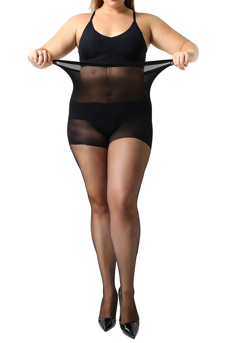 MANZI Women's Black Pantyhose Plus Size Control Top Ultra-Soft Sheer Tights 2 Pairs 3XL - Image 2